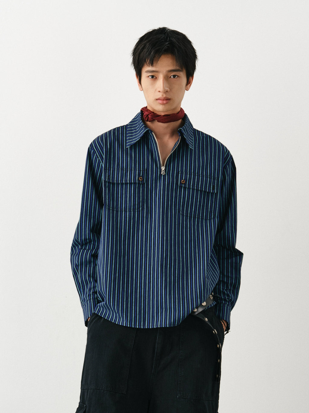 DIMC Vintage Striped Half Zip Long Sleeve Shirt