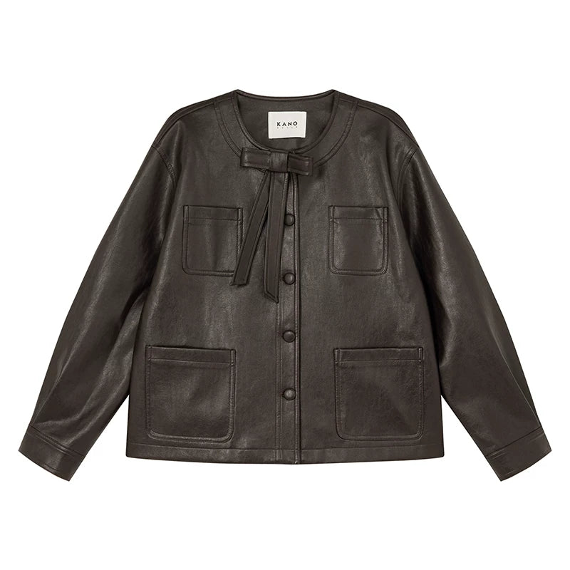 Kano Bow-embellished Small Crew Neck Leather Jacket