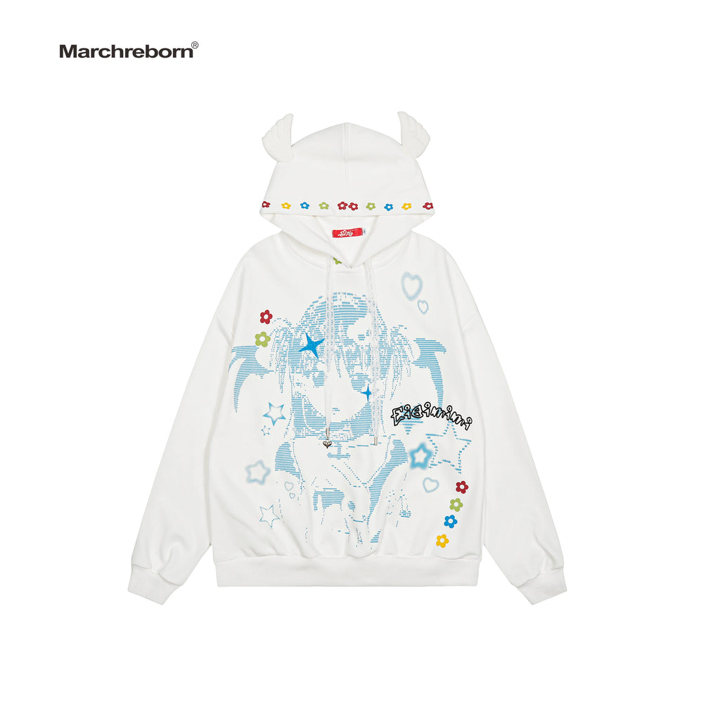 MARCH Girl Cartoon Print Wings Hooded Sweater