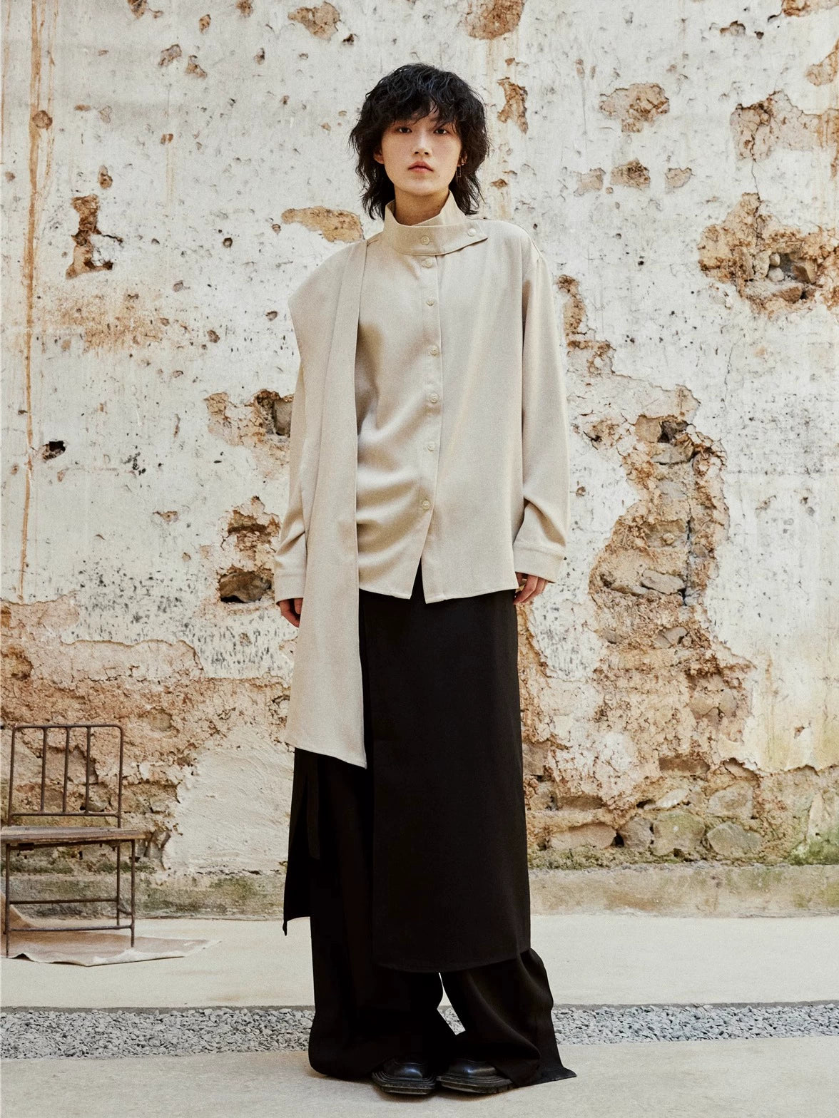 SUNYVONNE Cross-neck Scarf Long-sleeved Shirt