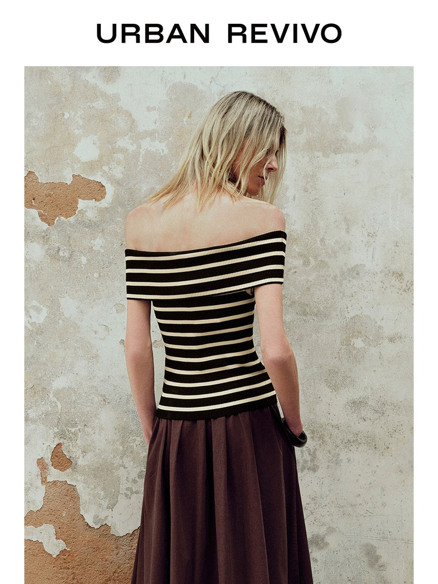 URBAN REVIVO One-word Shoulder Contrasting Striped Pit-pattern Knitted Sweater