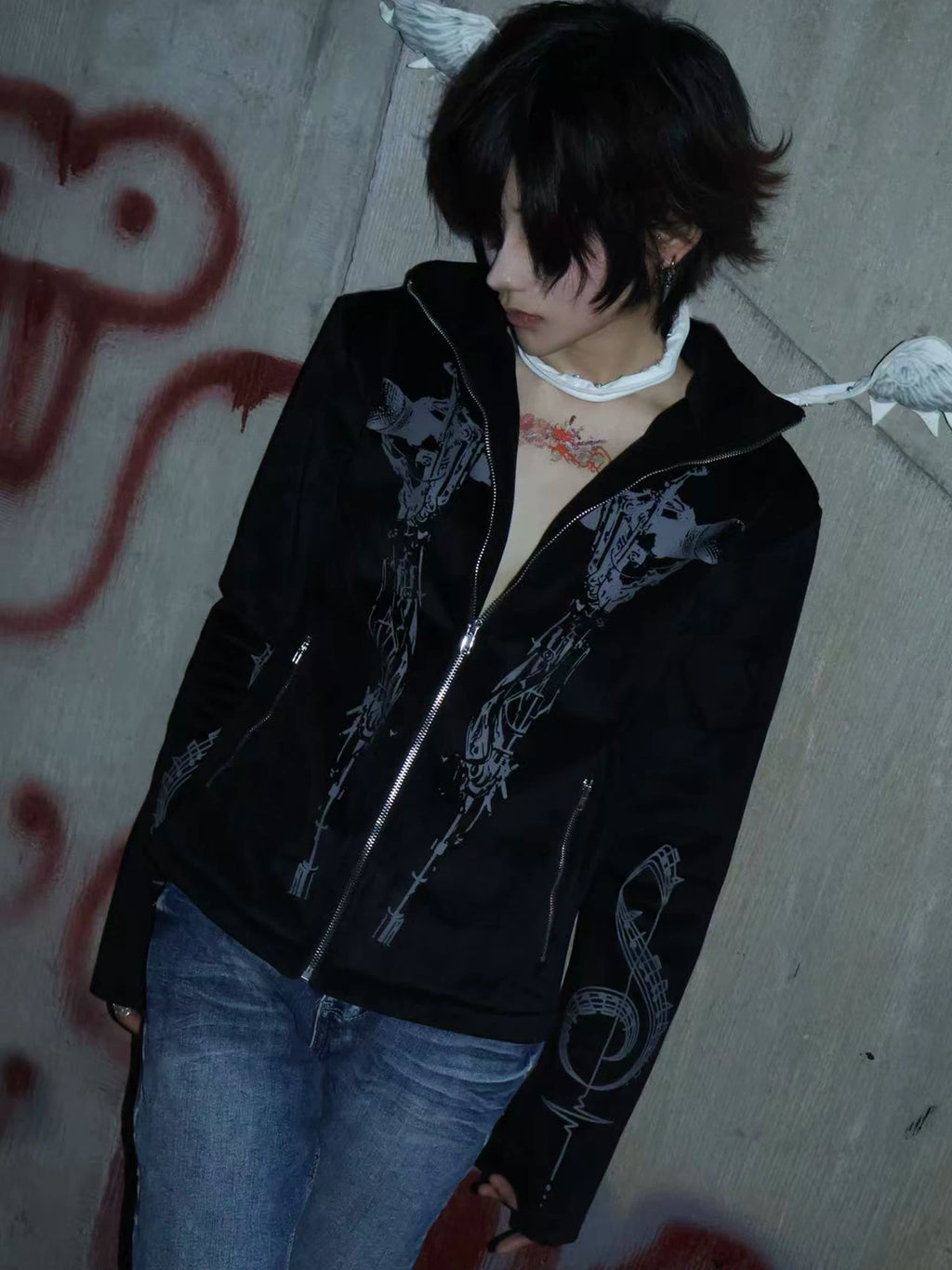 PAIKI Skull Singer Music Notes Stand-up Collar Velvet Jacket