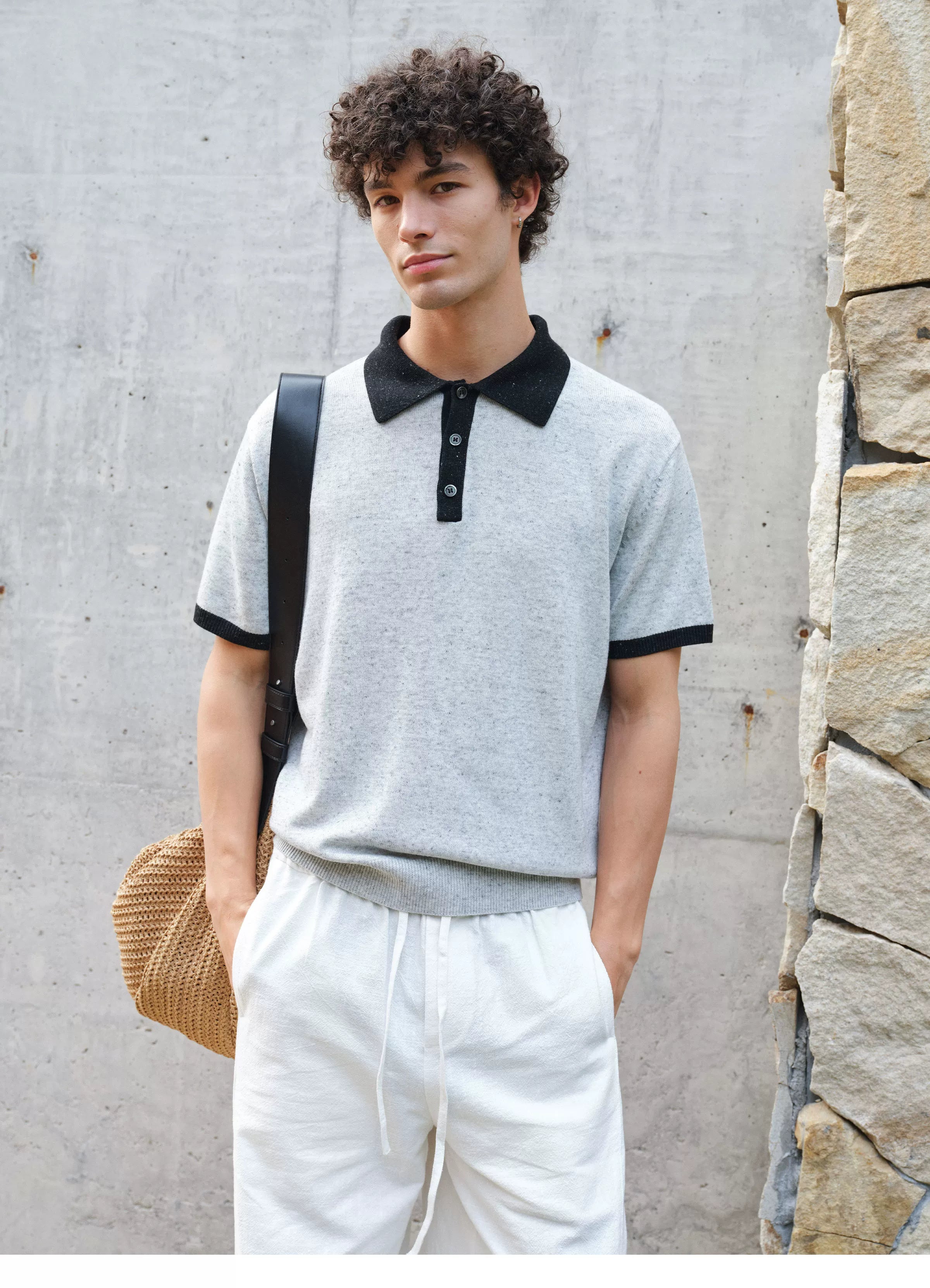 VLABMADE | Italian Old Money Contrast-Trim Polo Collar Wool-Linen Blend Knit Short Sleeve Top