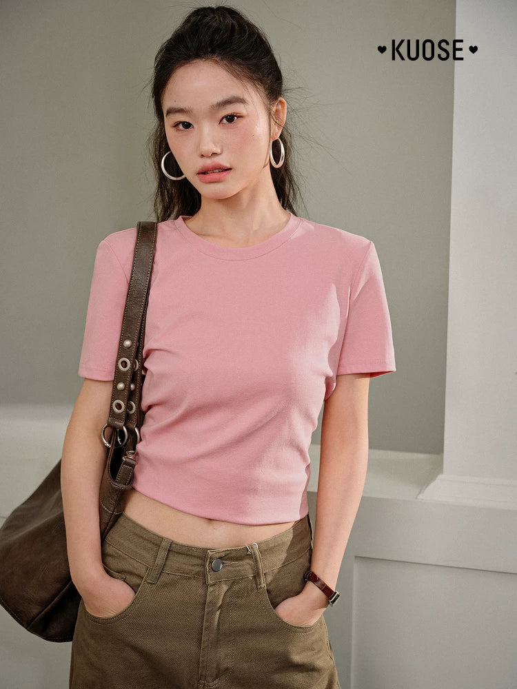 Kuose Crew Neck Embroidered Short Knitted Tee