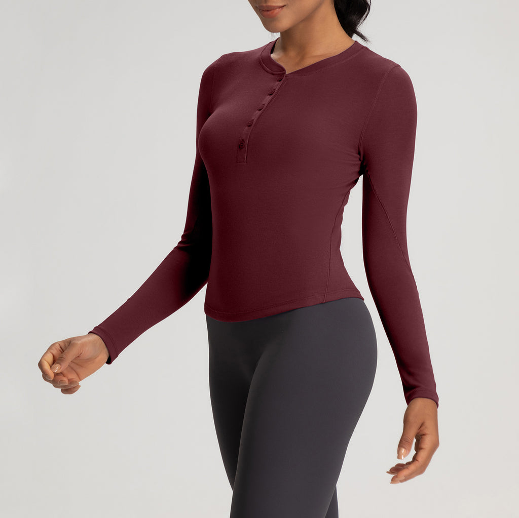 Athena Lulu Button Long Sleeve T-Shirt High Stretch Sports Henley Shirt Top