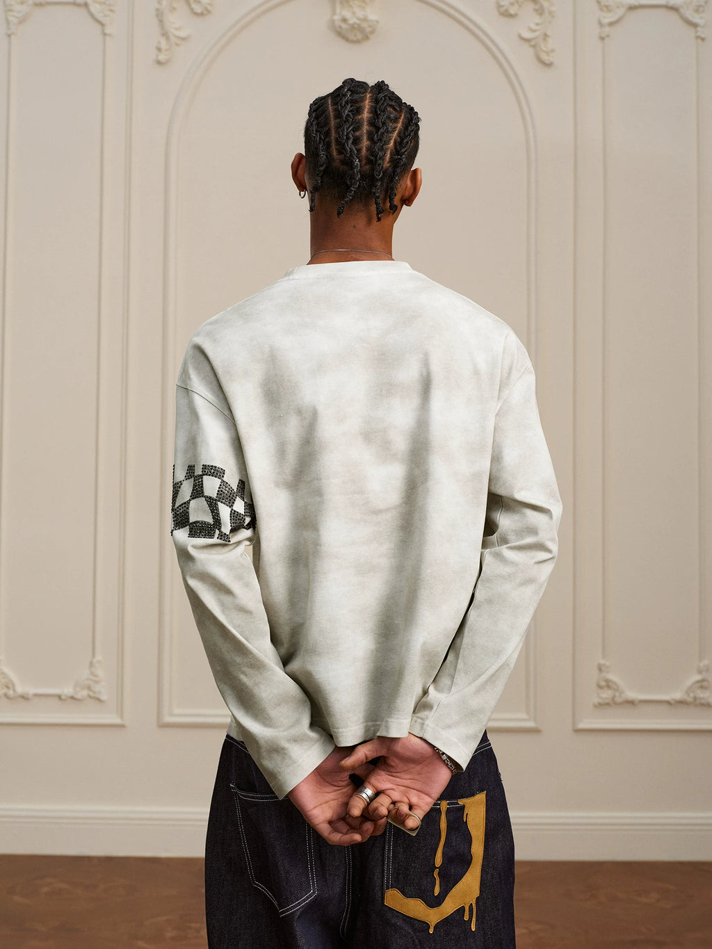 YADcrew Washed Hot Diamond Rivet Long Sleeve T-Shirt