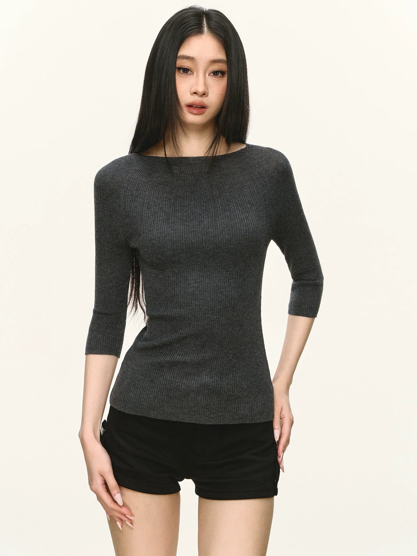 Anna Aneae Casual Slim Knit Mid-sleeve Tee