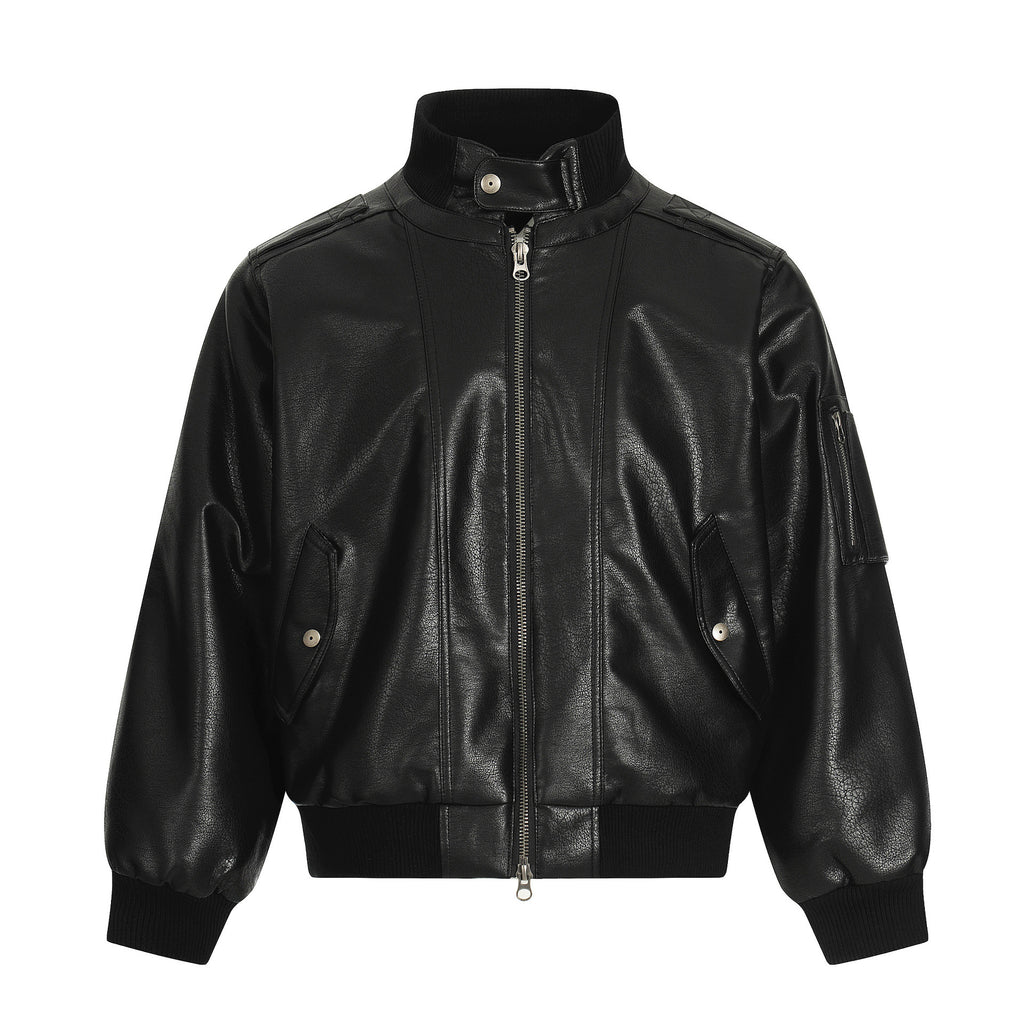 11KN Retro Short Wide Pu Leather Jacket