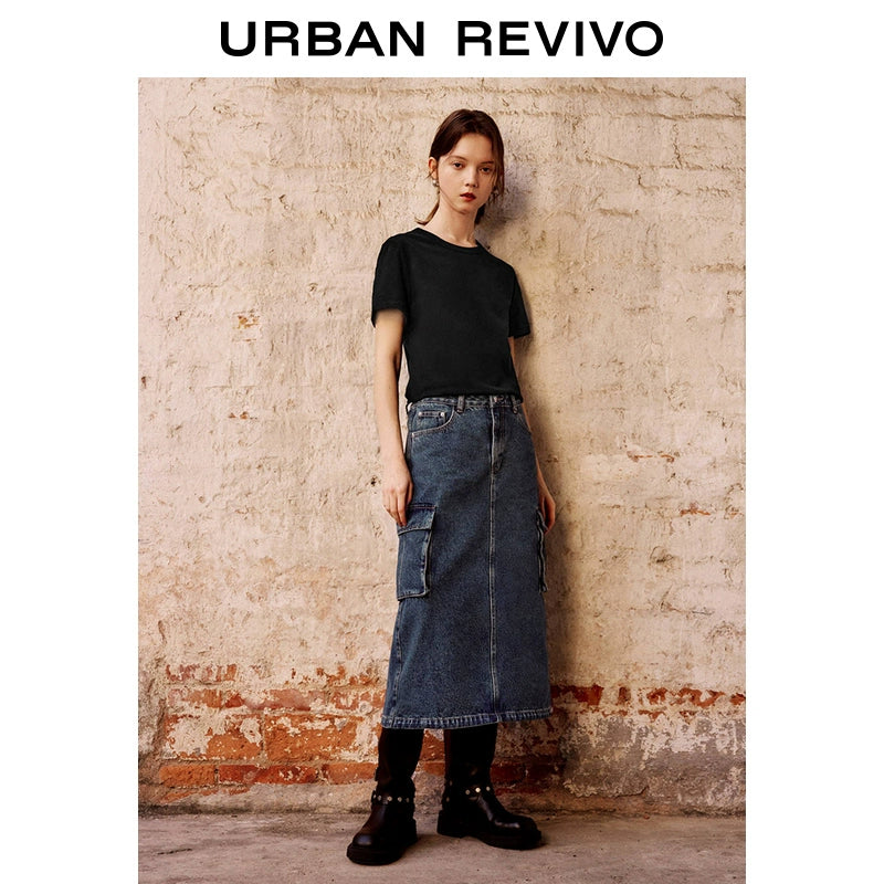 URBAN REVIVO Simple Basic Solid Color Cotton Round Neck Tee