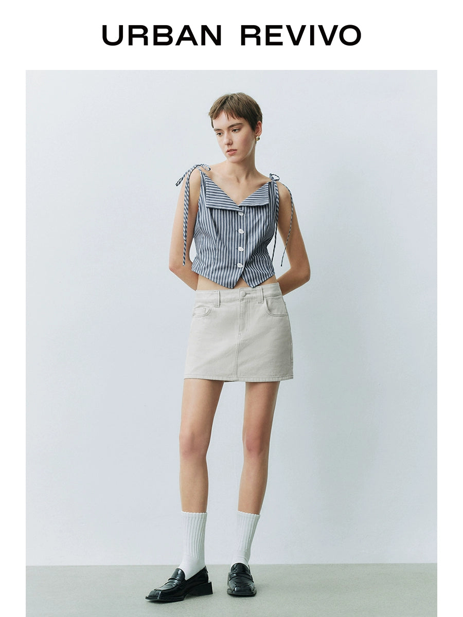 URBAN REVIVO Contrast Striped Lace-Up Sleeveless Open Shirt