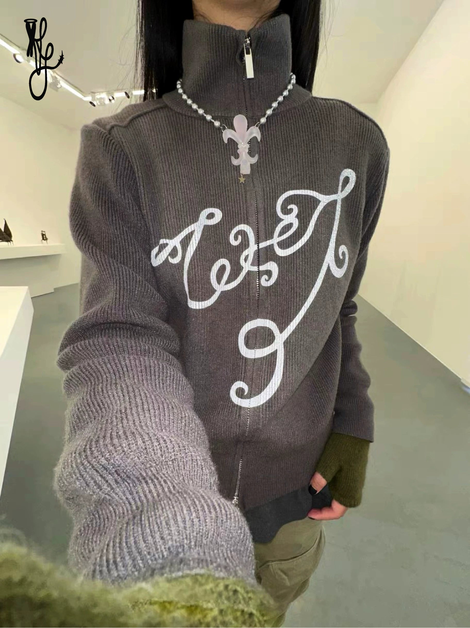 TheNewYouthPark Vine Series Thick Weave Printed Knitted Jacket