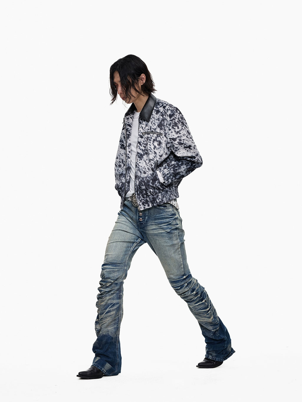Lightinus Leopard Short Spliced Leather Lapel Jacket