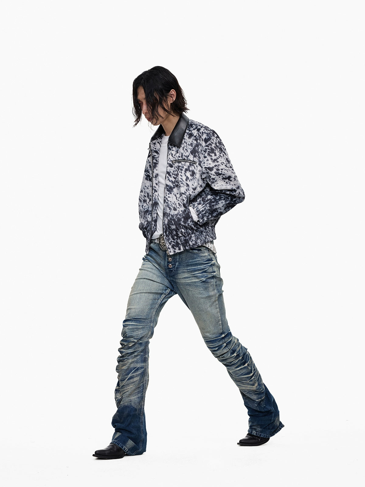 Lightinus Leopard Short Spliced Leather Lapel Jacket