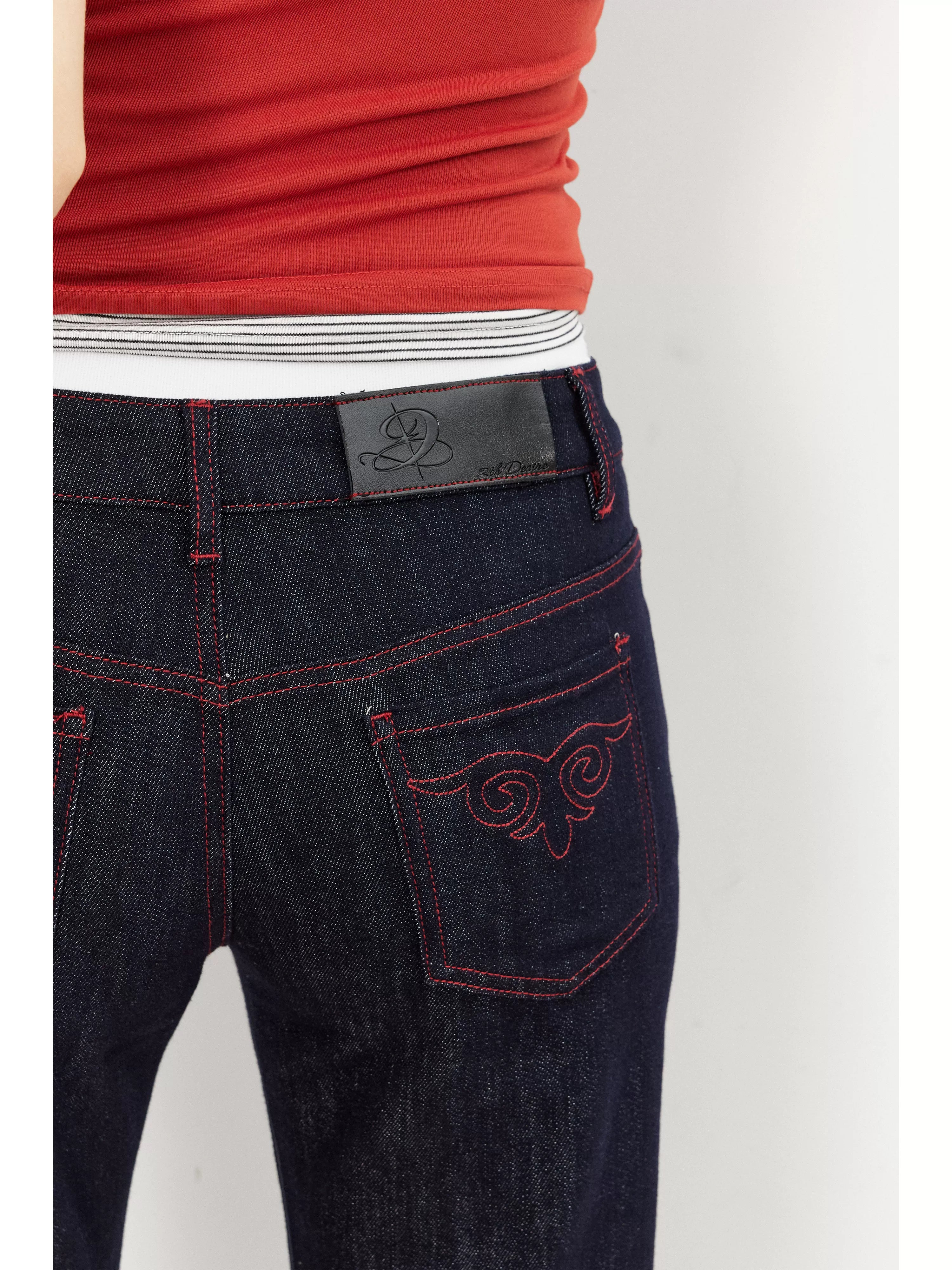 2Th Desire Vintage Contrast Red Stripe Hot Diamond Totem Print Jeans