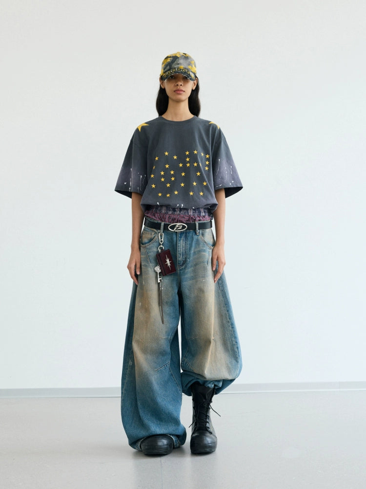 PEOPLESENSE Retro Spray Horse Willow Splashing Ink Printing Gradual Change Washed Tee