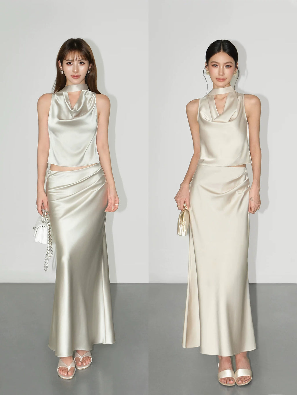NEVA HU Satin Neck Vest Pinch Pleated Fishtail Skirt Set
