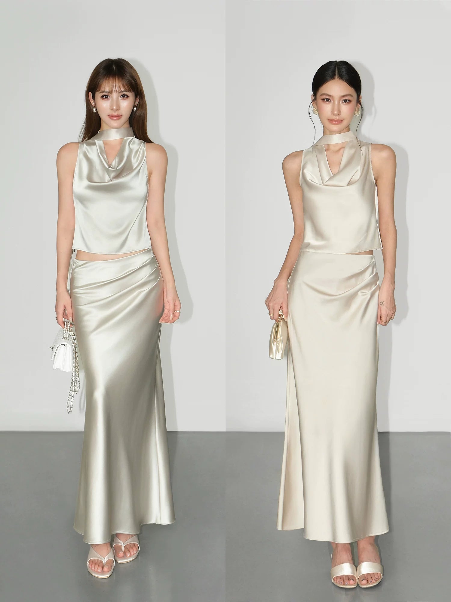 NEVA HU Satin Neck Vest Pinch Pleated Fishtail Skirt Set