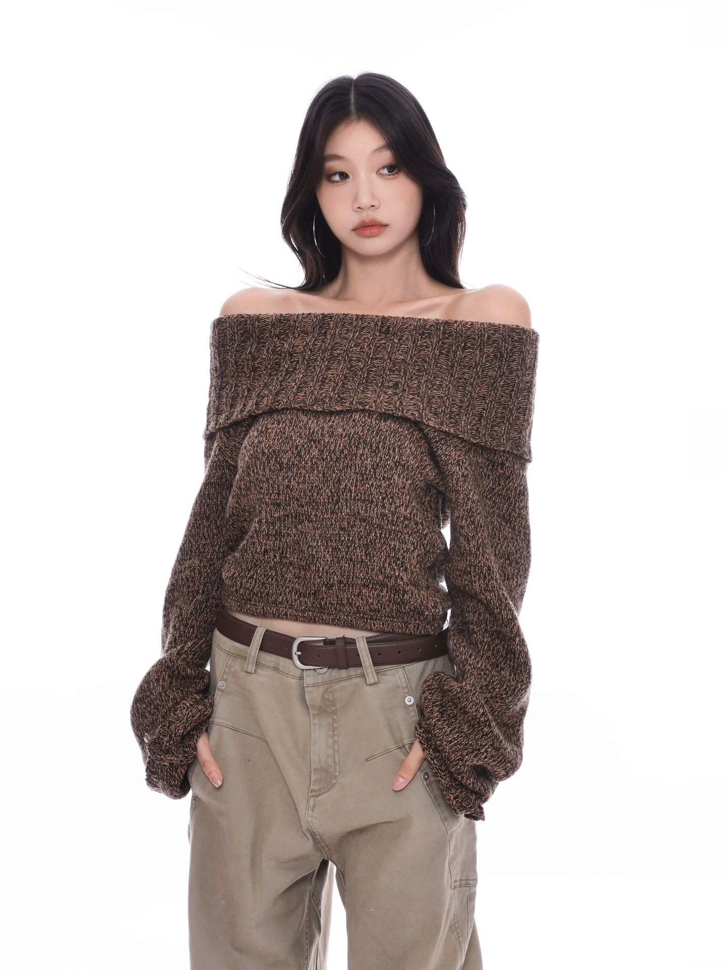 WITHMIN One-word Collar High-end Sense Versatile and Thin Knitted Sweater