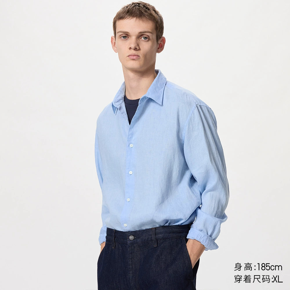 Uniqlo Men's and Women's French Hemp Shirt/Long Sleeve Shirt Linen Casual 25 Spring and Summer New 477641