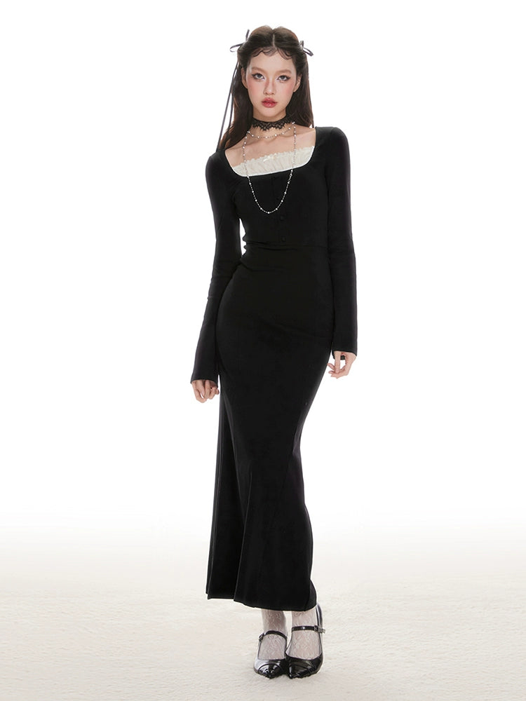 IMONE Vintage Lace Square Neck Knitted Dress