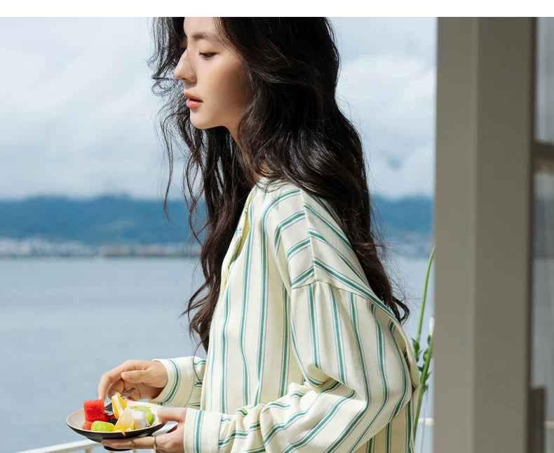 YUENEI Casual Striped Cotton Long Pajamas