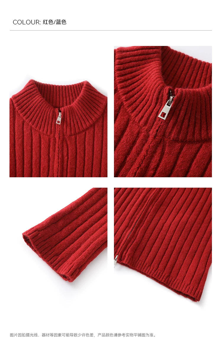 YOUNG KYLIN Thickened Korean Double Zipper Knitted Jacket