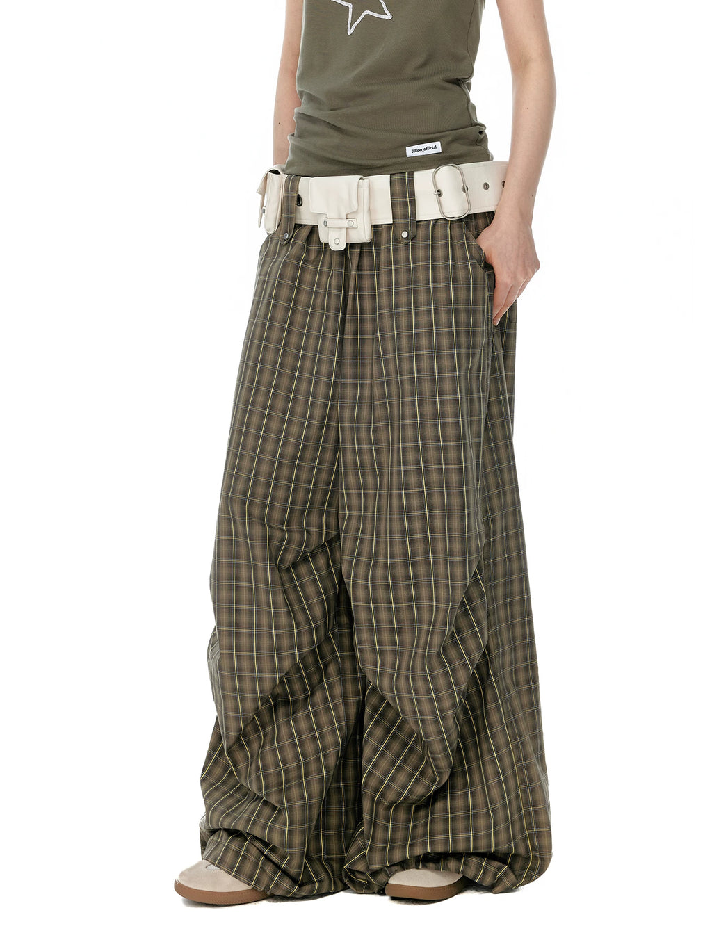 JIKOO Plaid Elastic Waist Drawstring Pleated Trousers