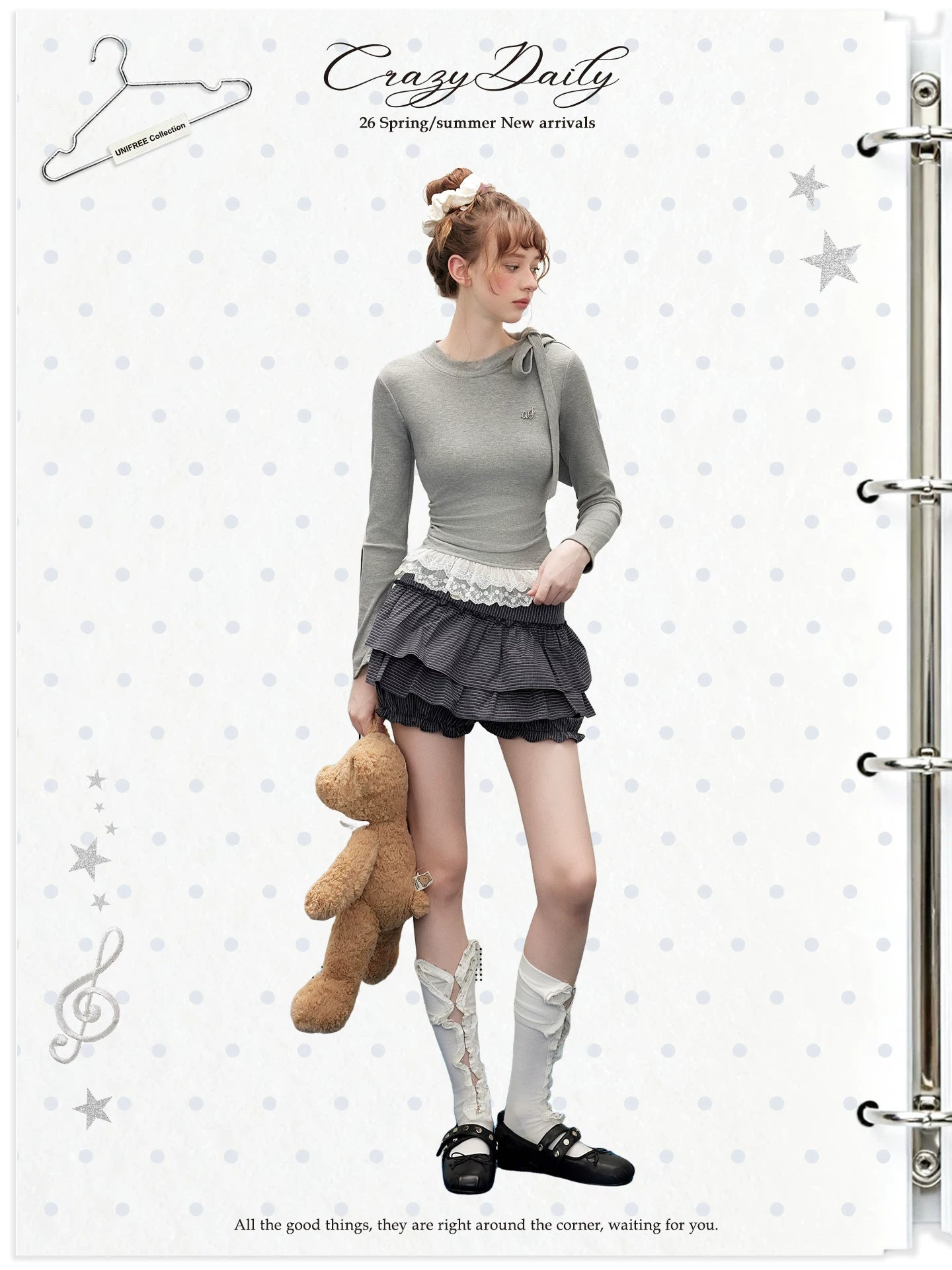 UNIFREE Bow Strap Simple Versatile Lace Edge Long Sleeve