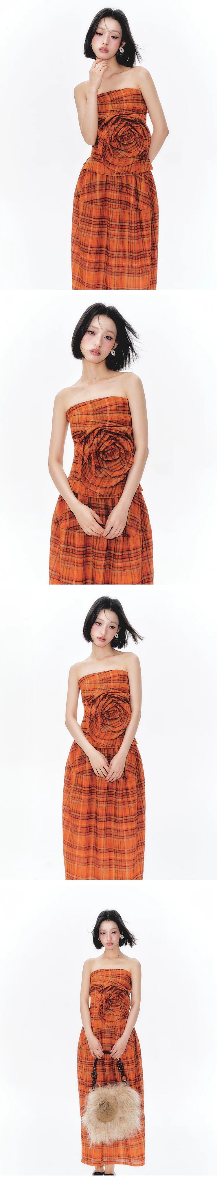 YEDM Retro Plaid Three-dimensional Rose Tube Top Set