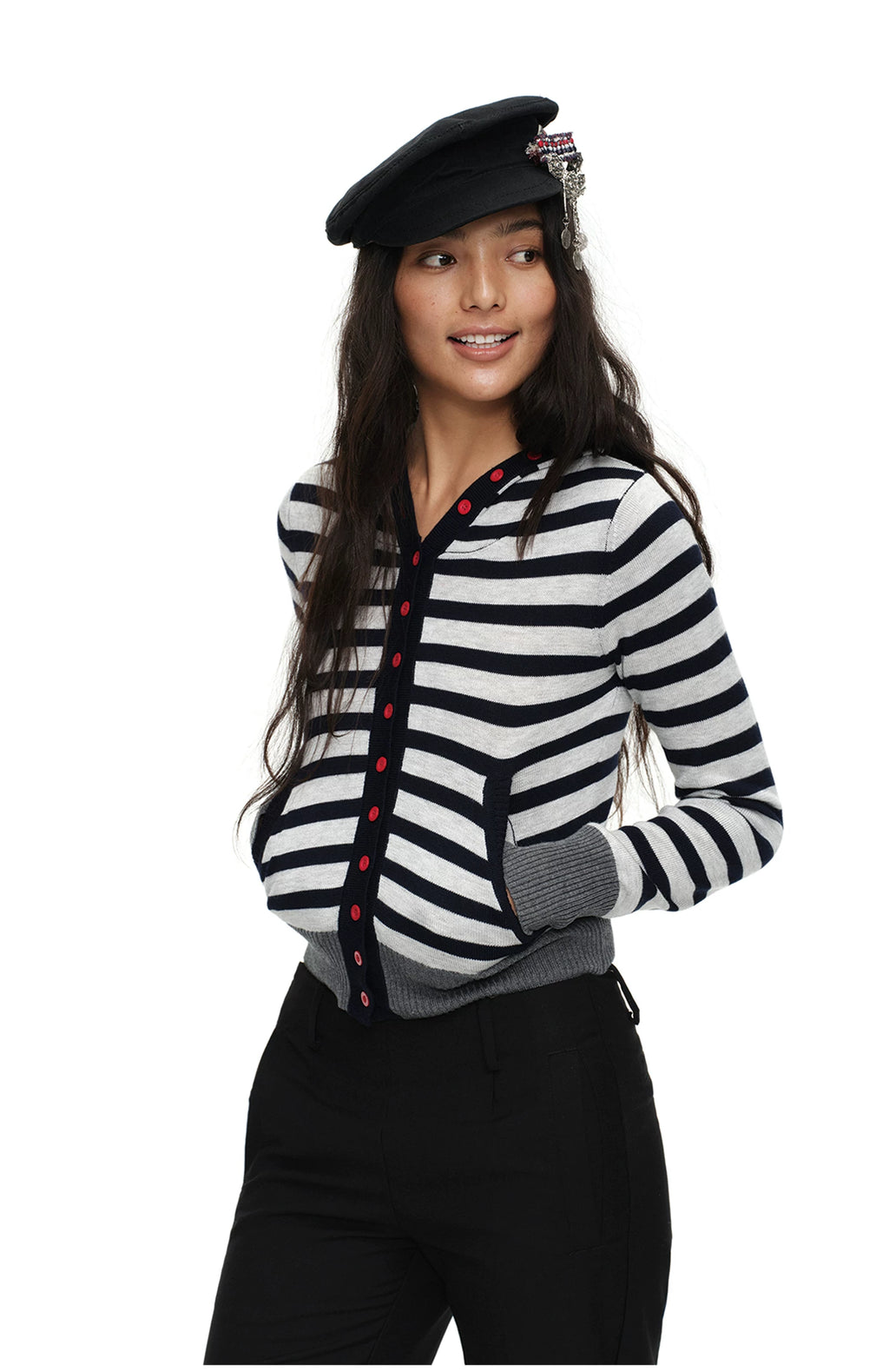 Oinimi Striped Color-blocked Hooded Knit Cardigan