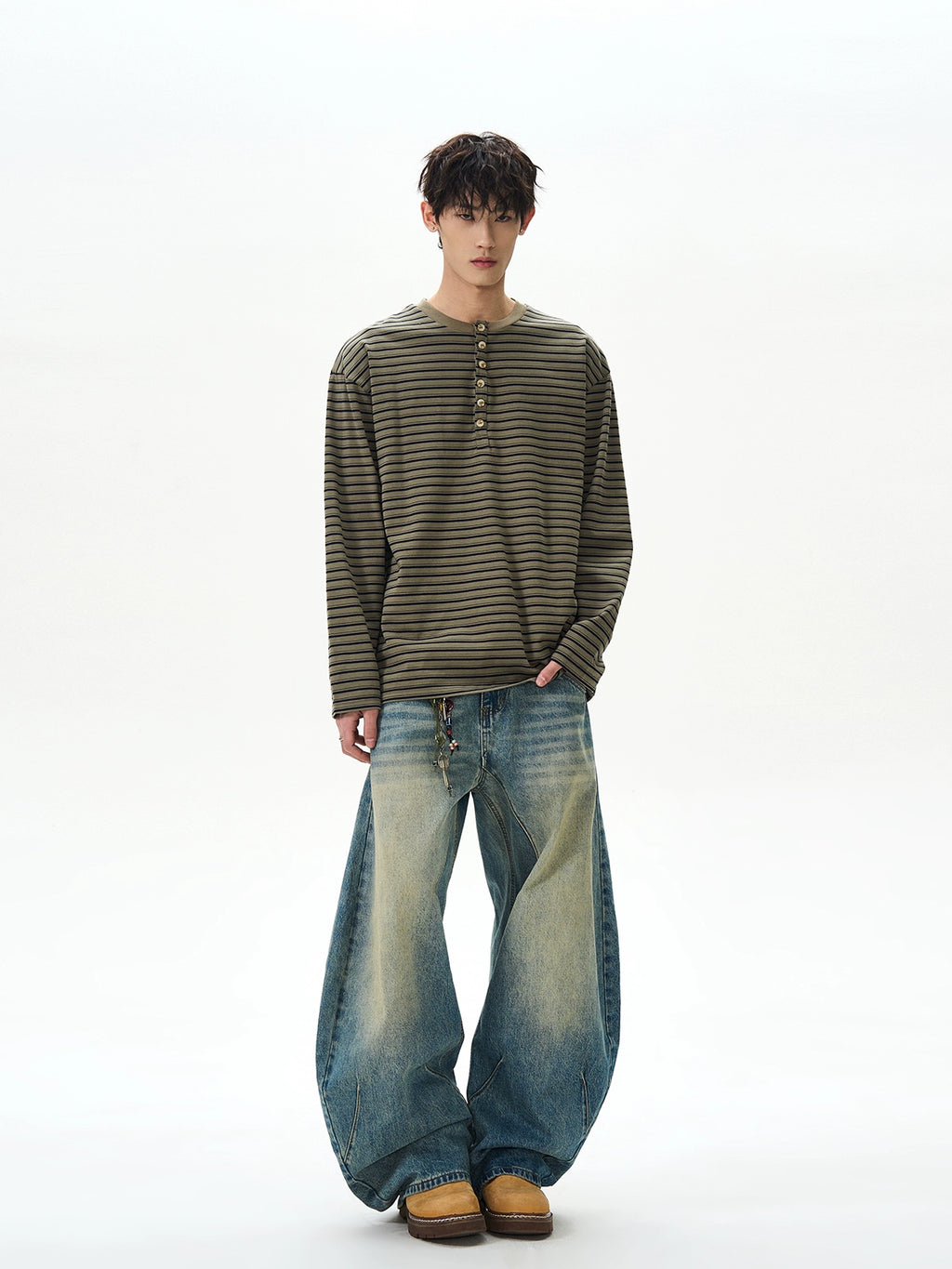 A PUEE Vintage Henry Collar Striped Long Sleeve