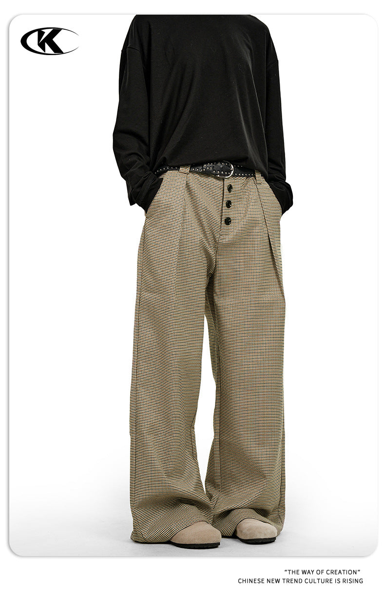 11KN Compound Pleated Breasted A-shaped Straight Wide-leg Slacks