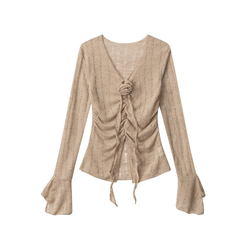Nariele Hot Girls V-neck T-shirt Lace Sexy Long Sleeve Hollow Tops