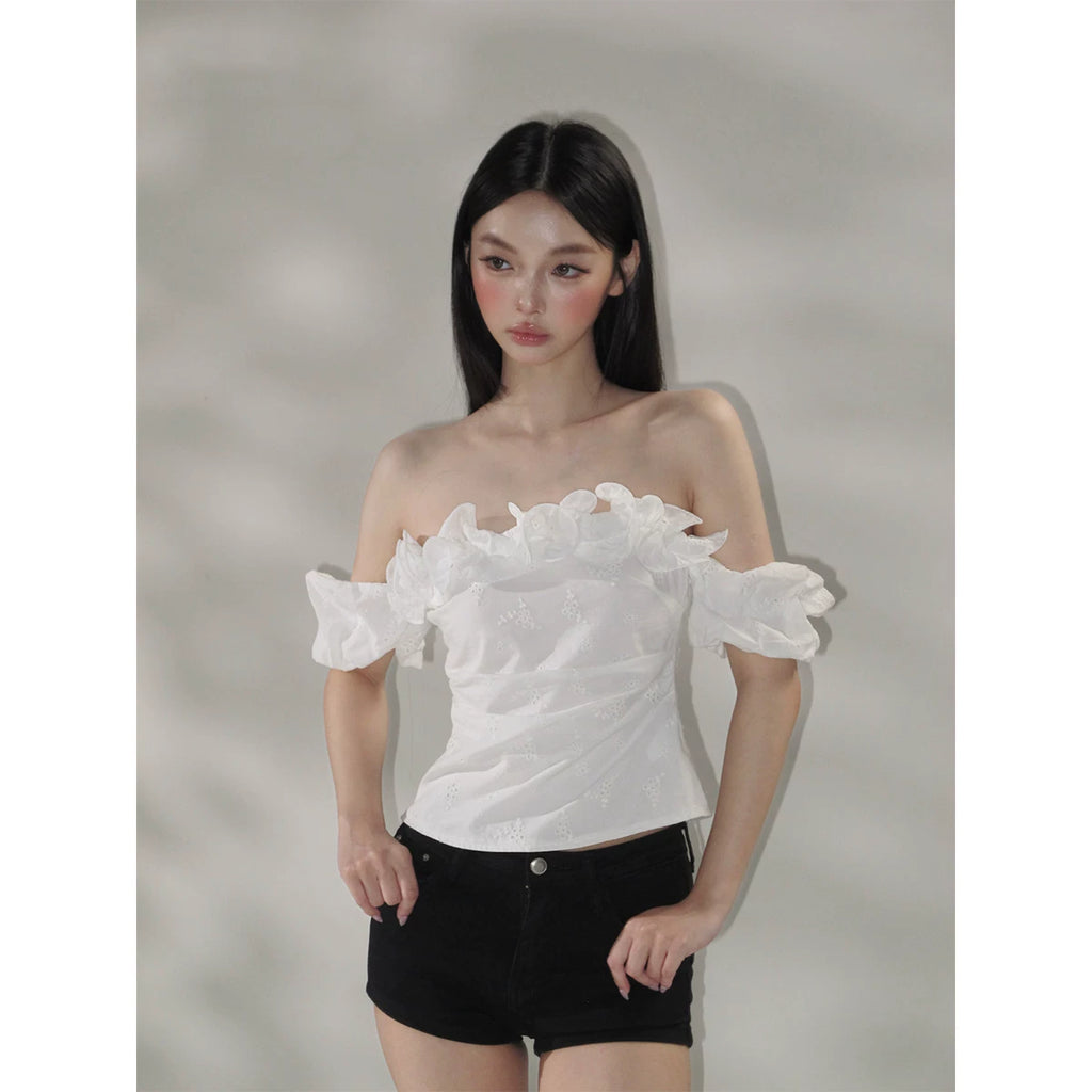 WITHMIN Temperament Three-dimensional Lace Thin Off-the-shoulder Tee