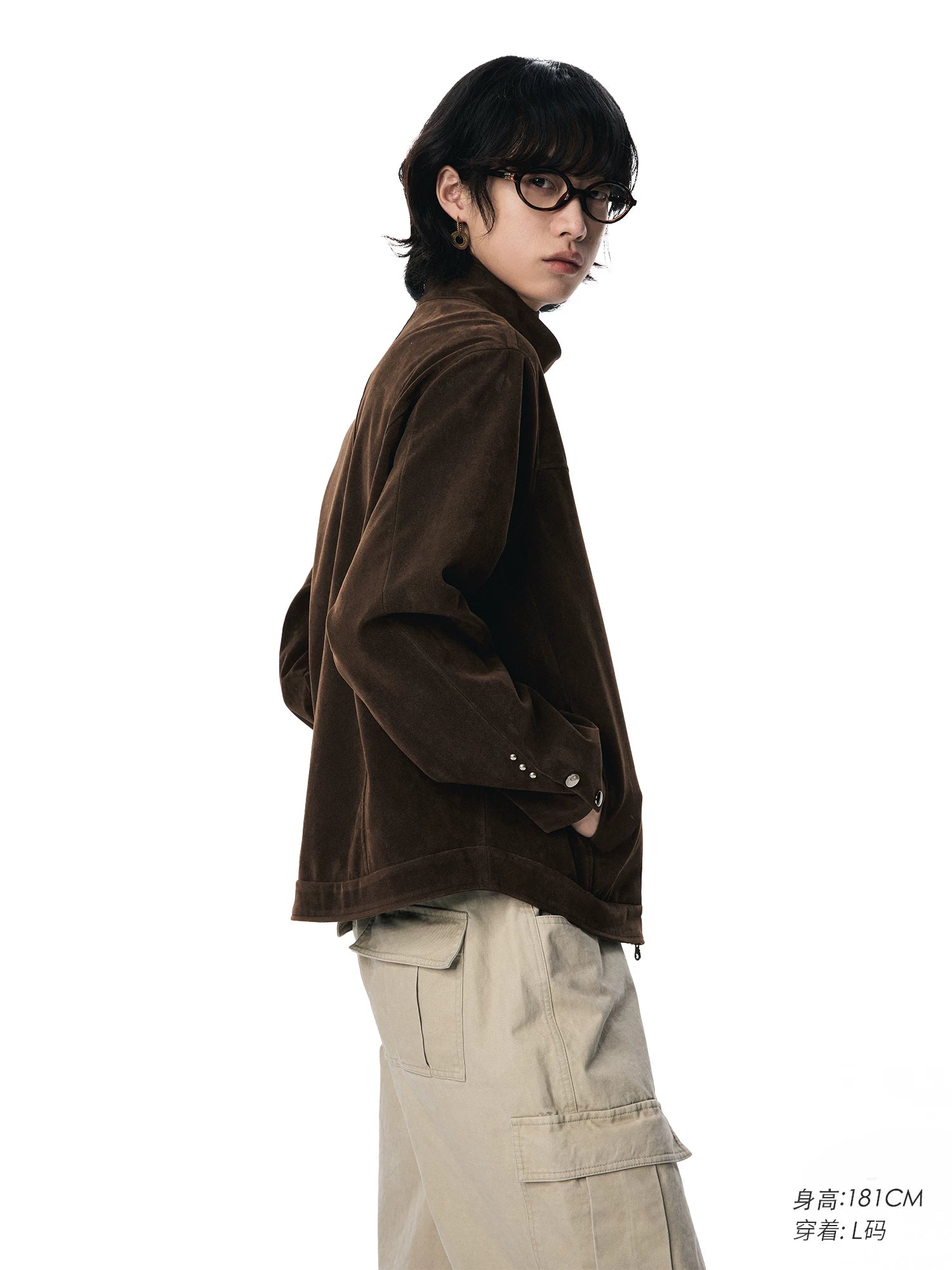 Sameuoo Fleece Leather Stand-up Collar Short Jacket