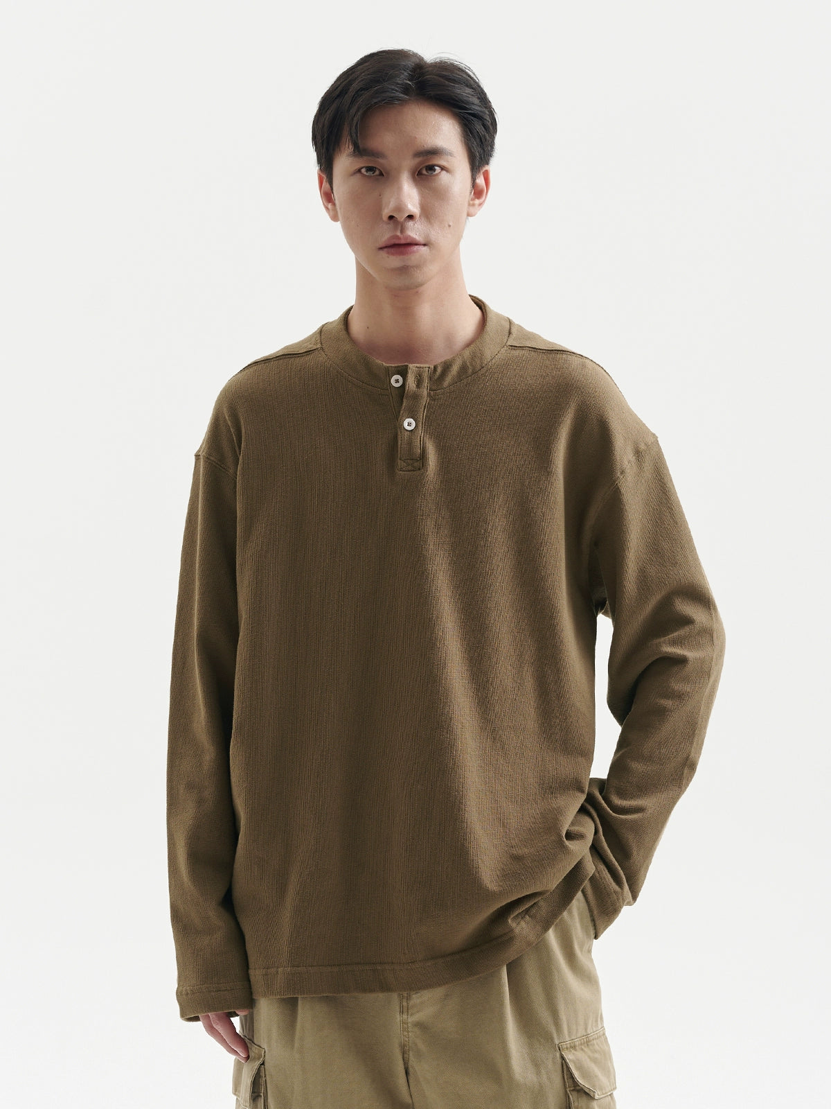 BUTTBILL Henry Collar Simple Casual Vintage Long Sleeve