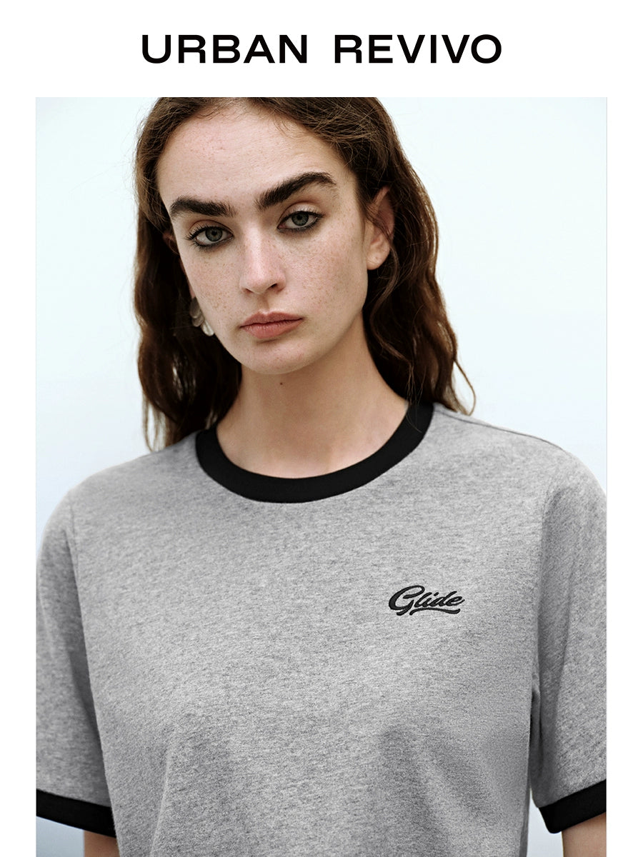 URBAN REVIVO Casual Contrasting Embroidery Cotton Tee