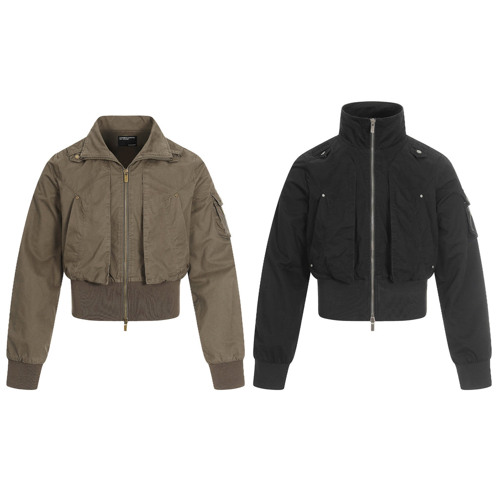 11KN Retro Splicing Slim-fitting Waist Short Wide Stand-up Collar Jacket