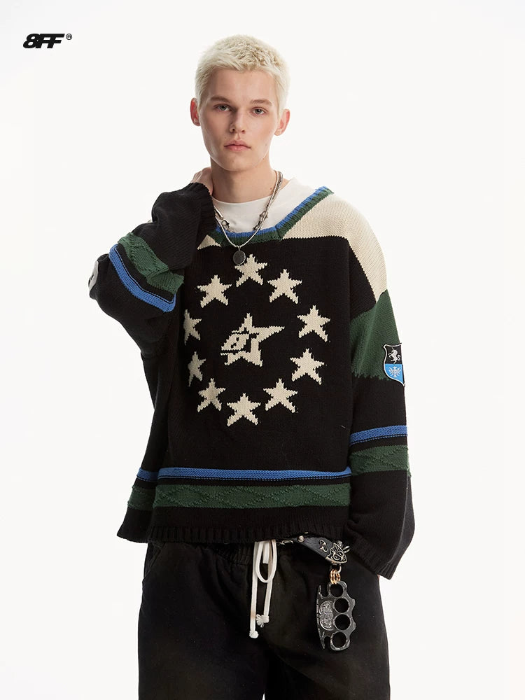 8FF Vintage Contrast Badge Star Embroidered Knitted Sweater