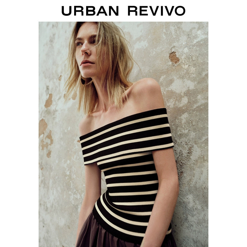 URBAN REVIVO One-word Shoulder Contrasting Striped Pit-pattern Knitted Sweater