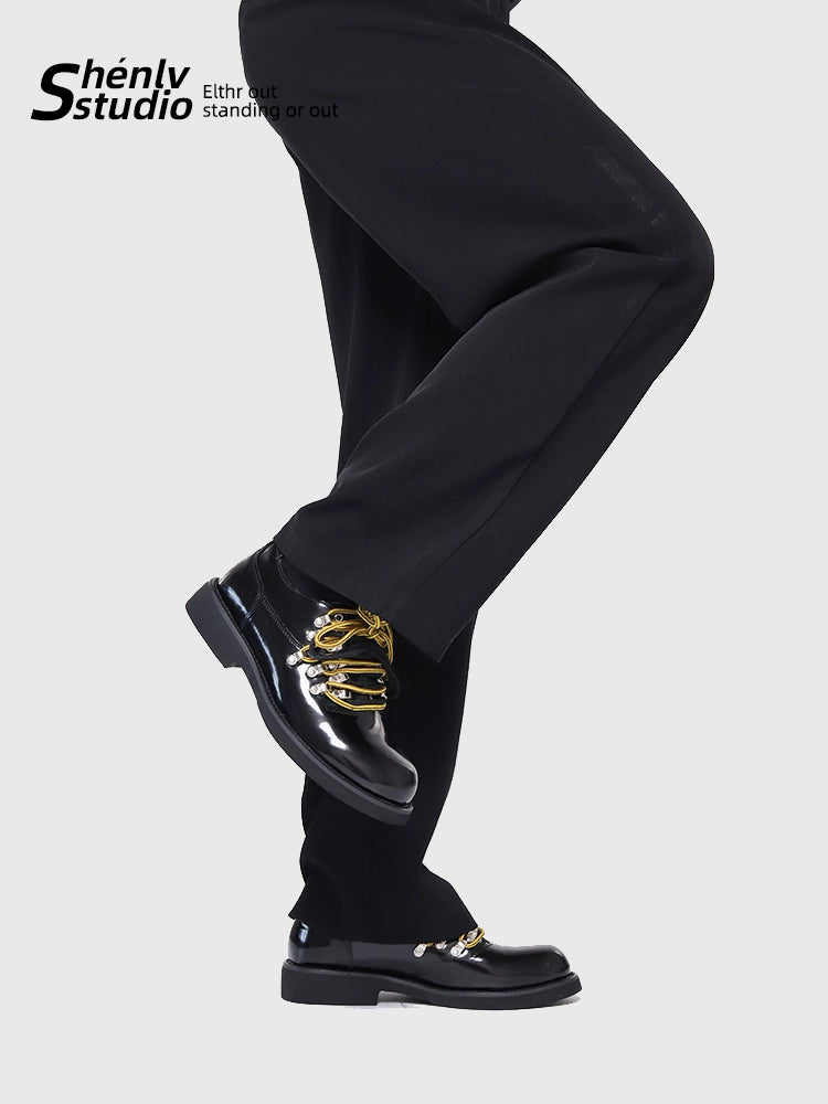 SHENLV STUDIO Patent Leather Glossy Contrasting Multi-lace Platform Leather Shoes