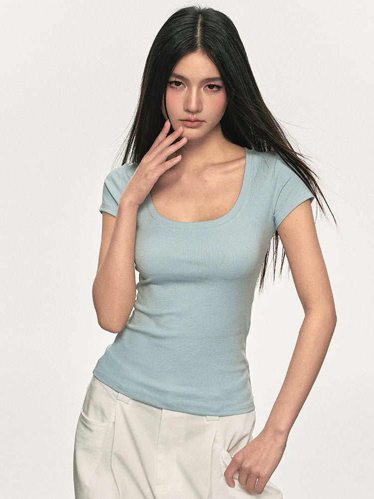 Anna Aneae Front Shoulder U Neck Slim Fit Simple Tee