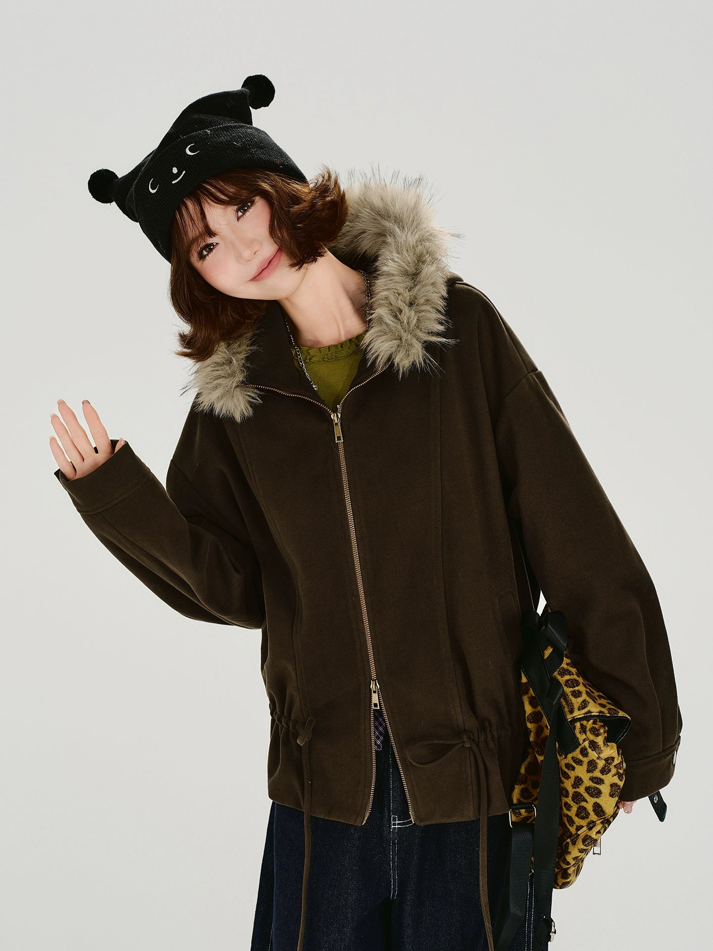 Girlyhalo Drawstring Hooded Fur Collar Jacket