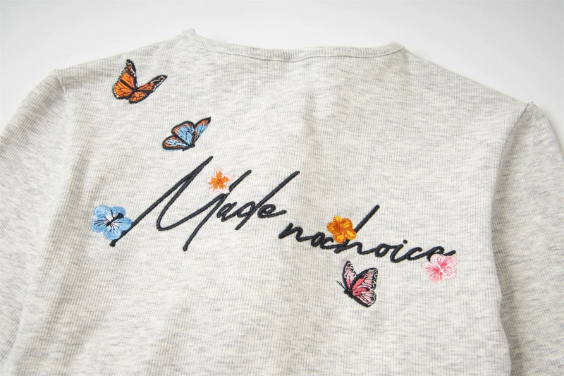 Kenvibe Vintage Alphabet Butterfly Embroidery Fake Two Piece Long Sleeve