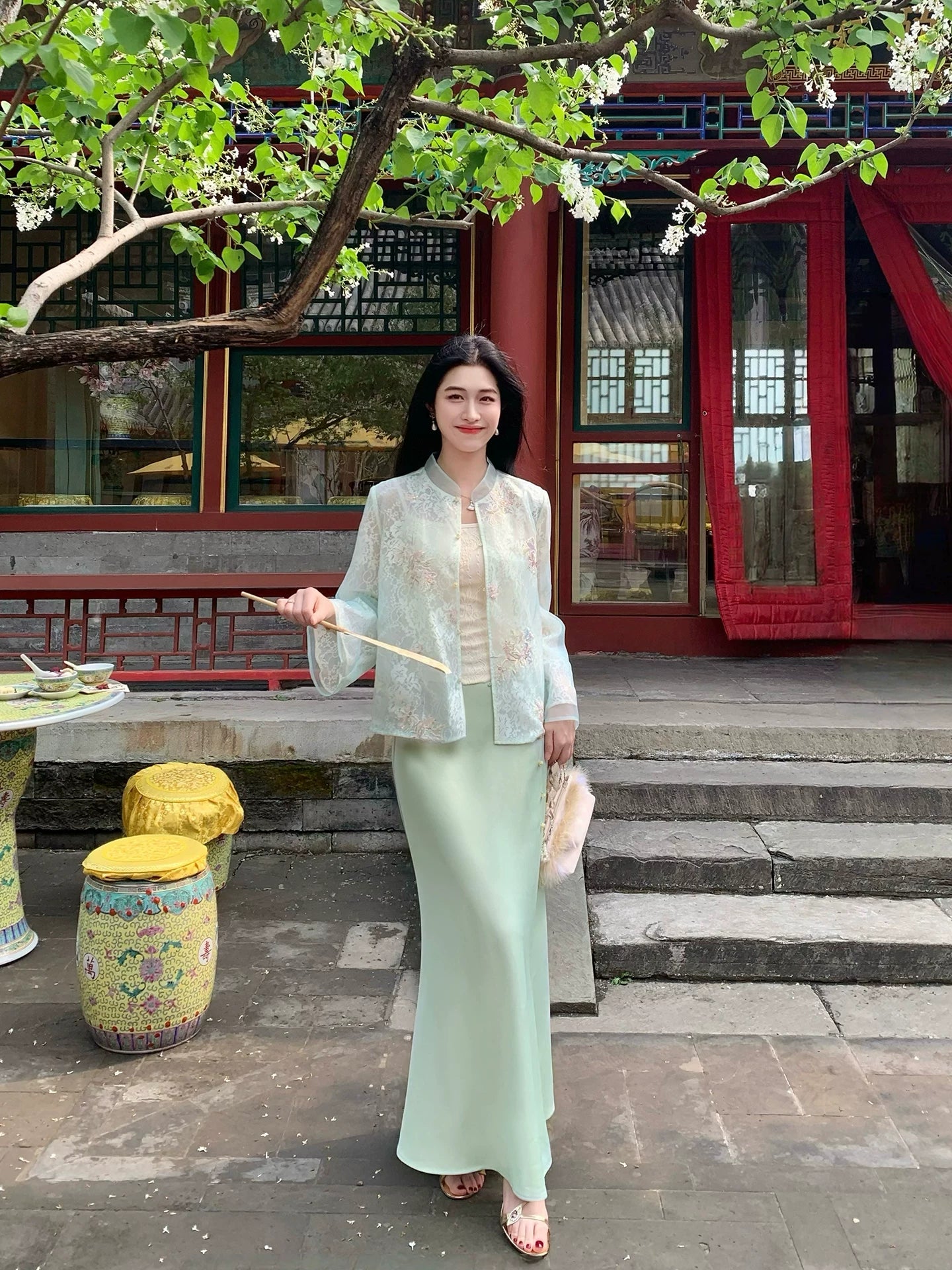 ZIHE Lace Embroidered Top Satin Skirt Set