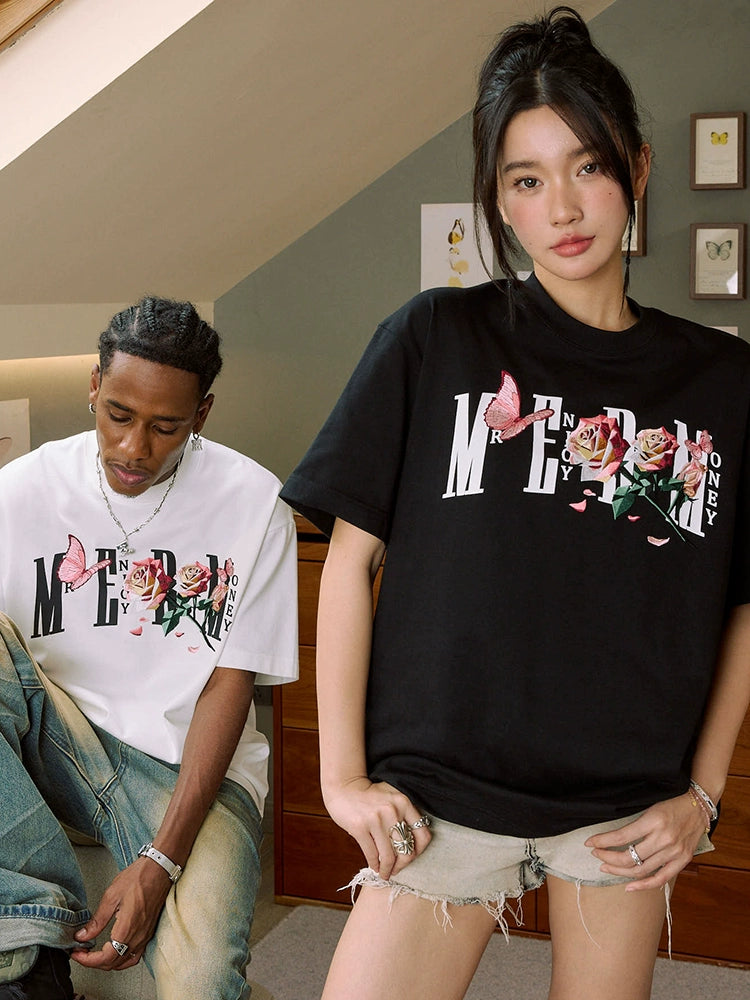 MEDM Origami Slice Rose Butterfly Embroidery Tee
