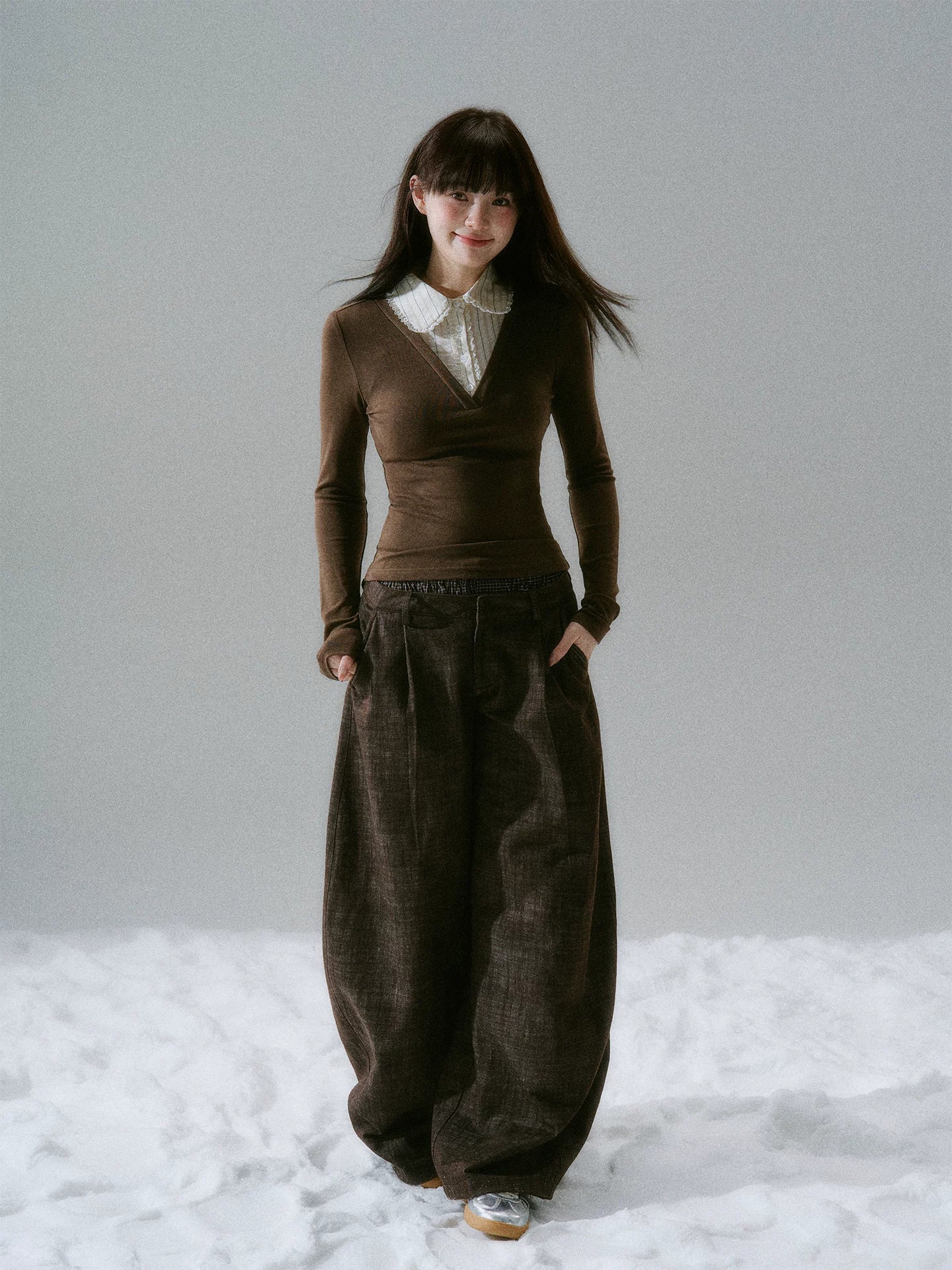 LOST FOREST Splicing Doll Crew Neck Lace Stretch Long Sleeve