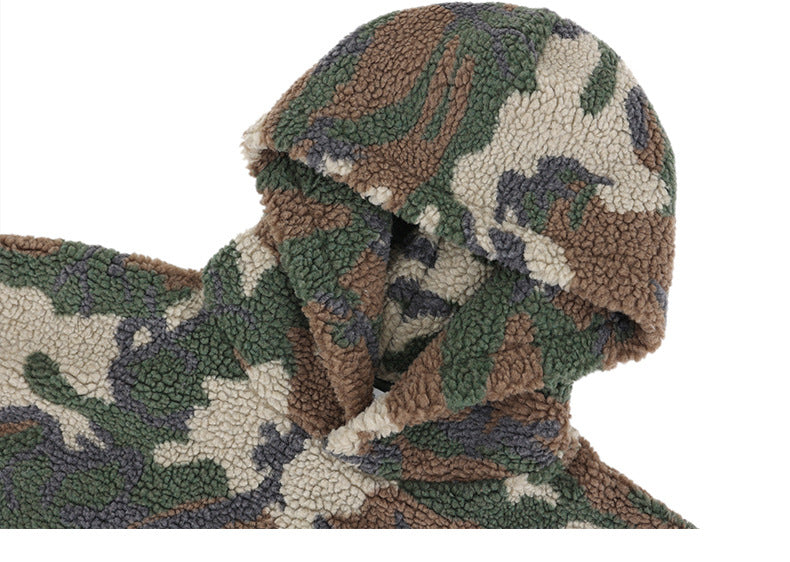 SUPER WAY Vintage Camo Lamb Fleece Hooded Sweater