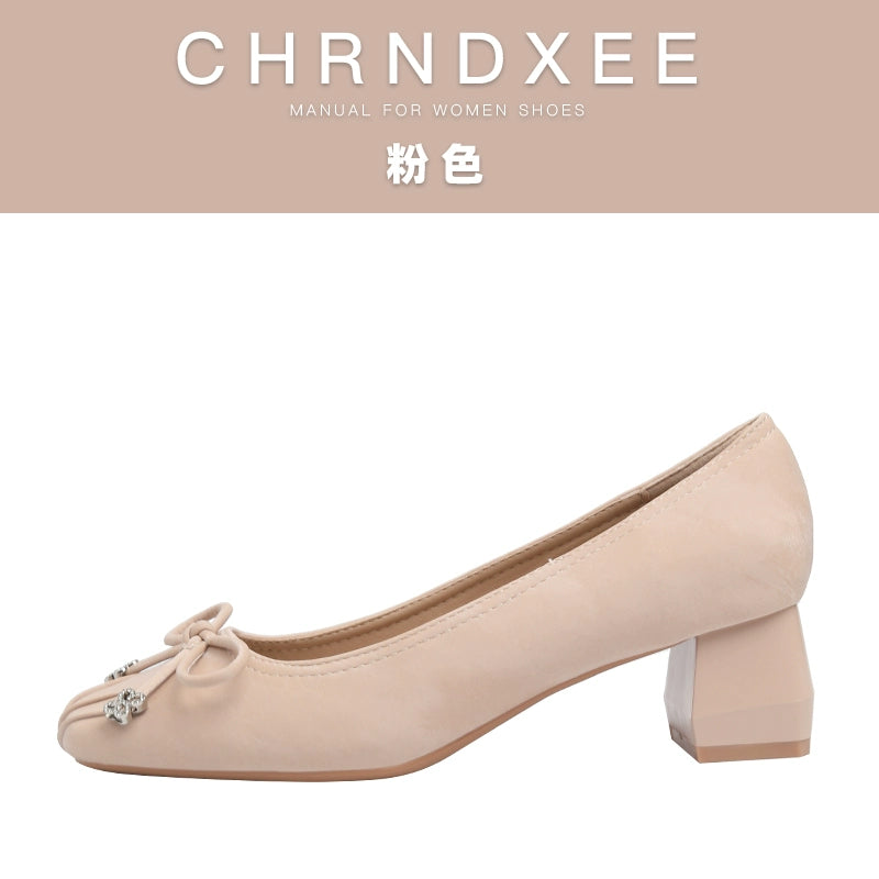 CHRNDXEE Pleated Flannel Square Head Shallow Mouth Middle Heel Single Shoes
