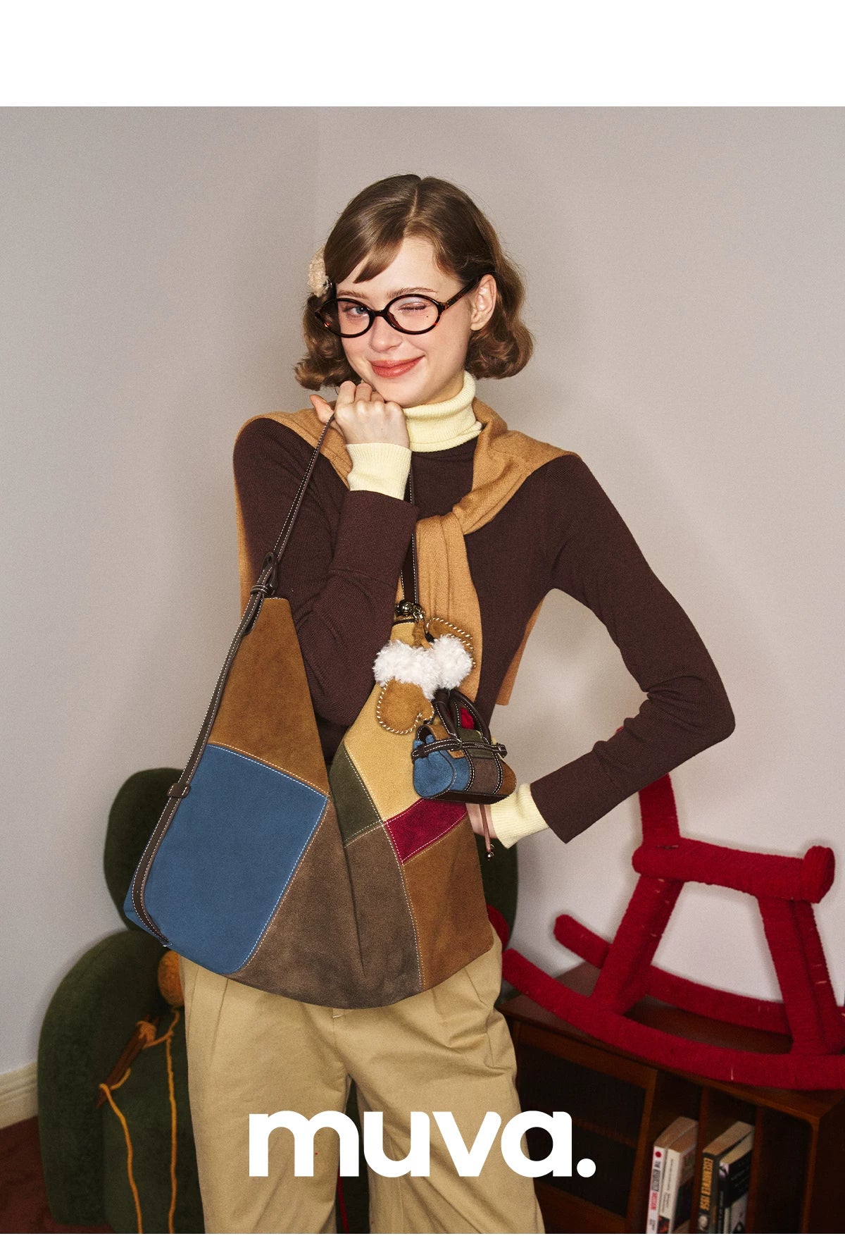 MUVA Cowhide Velvet Color Matching Stray Bag Large Capacity Shoulder Messenger Bag